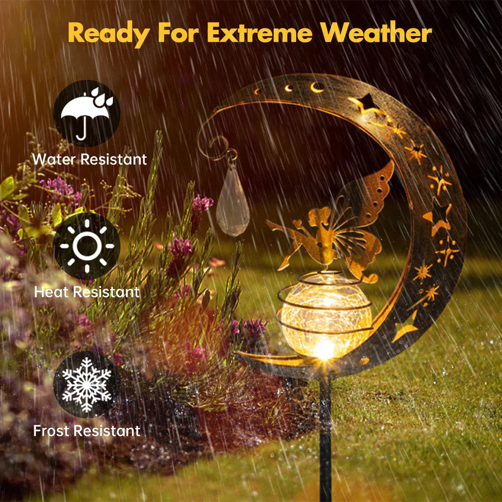 Lunafeya Solar Garden Light with Moon & Fairy | Crackle Glass Ball | IP55 Waterproof | Romantic Decor for Path & Bed