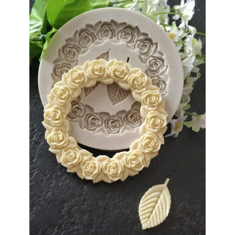 DekoMould Silicone Mold Rosette & Leaves | For Fondant, Chocolate & Sugar Paste | Finest Baking Decoration & Frame Designs