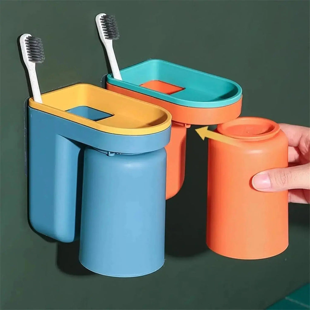 Self-adhesive toothbrush holder with cup – Space-saving