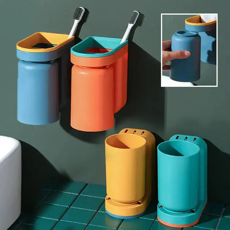 Self-adhesive toothbrush holder with cup – Space-saving