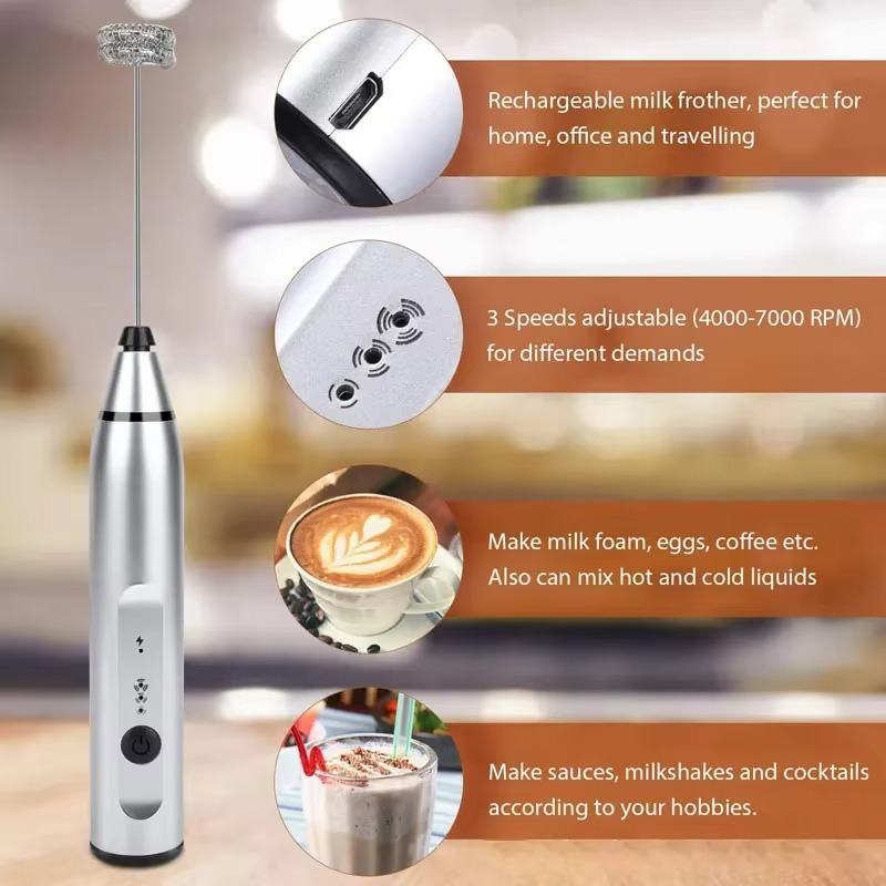 Portable USB Electric Milk Frother Handheld Coffee Whisk and Mini Food Blender