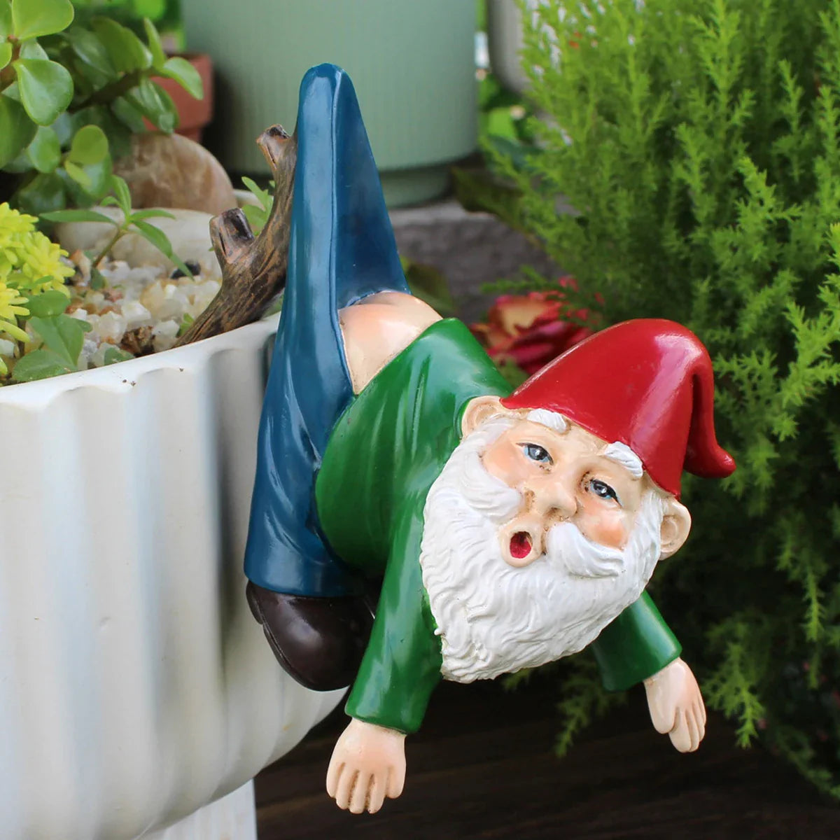 Funny Gnome Flower Pot Hanger made of Resin with Pants on a Branch