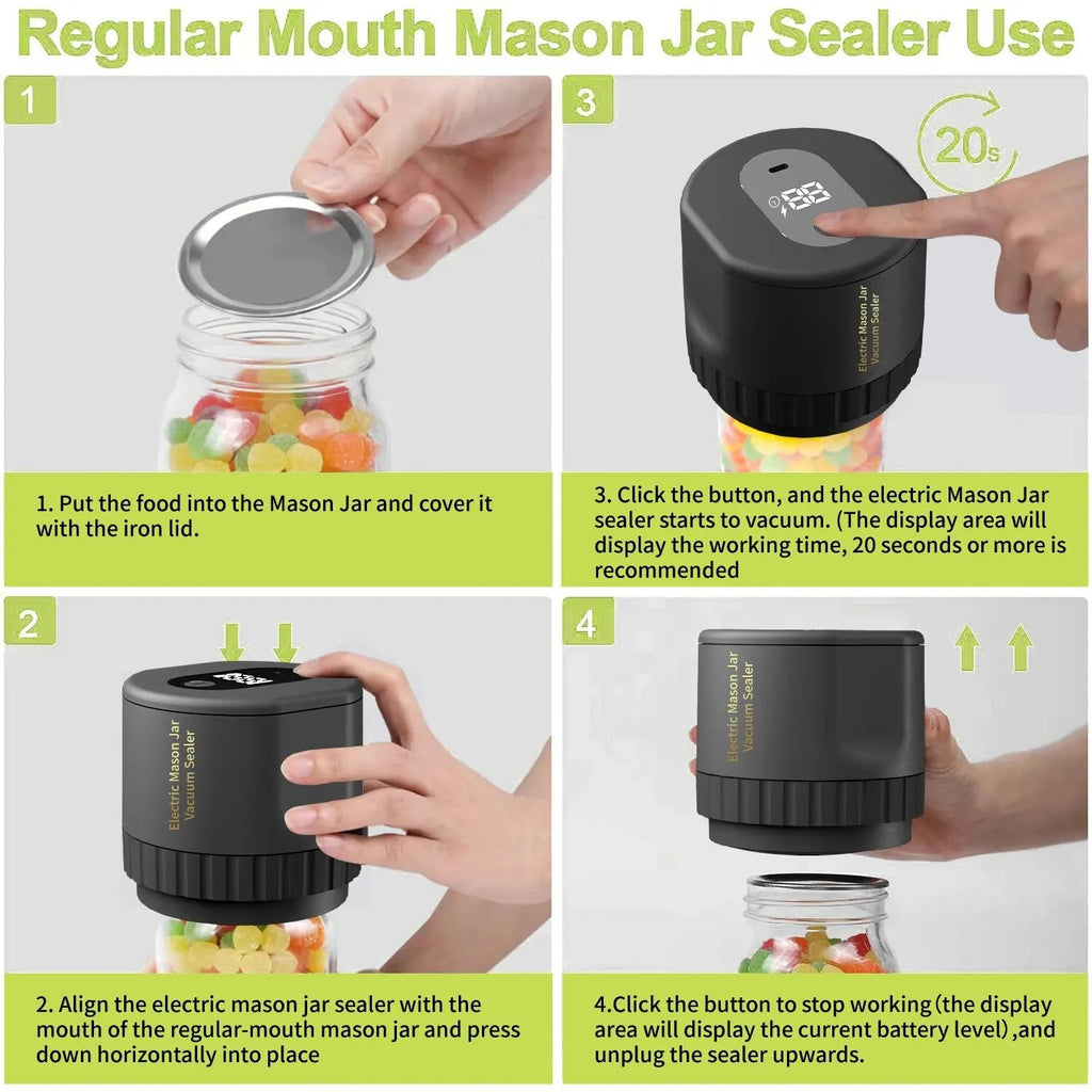 Electric Mason Jar Vacuum Sealing Set - Cordless Sealer for Wide Mouth and Regular Mason Jars - Ideal for Food Storage