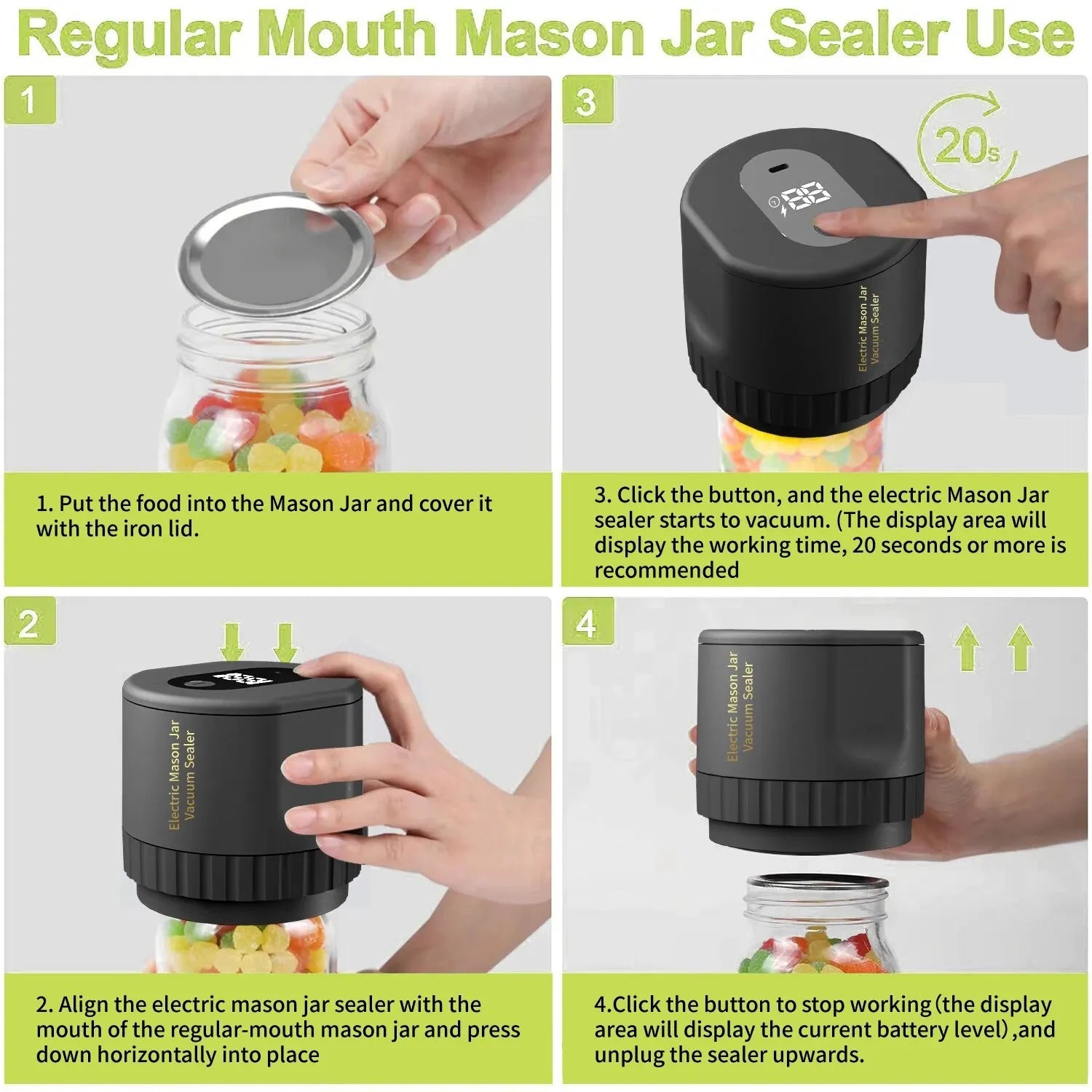 Electric Mason Jar Vacuum Sealing Set - Cordless Sealer for Wide Mouth and Regular Mason Jars - Ideal for Food Storage
