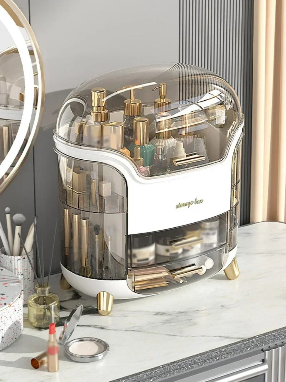 Luxury Transparent Makeup Organizer with Sliding Doors and Drawers