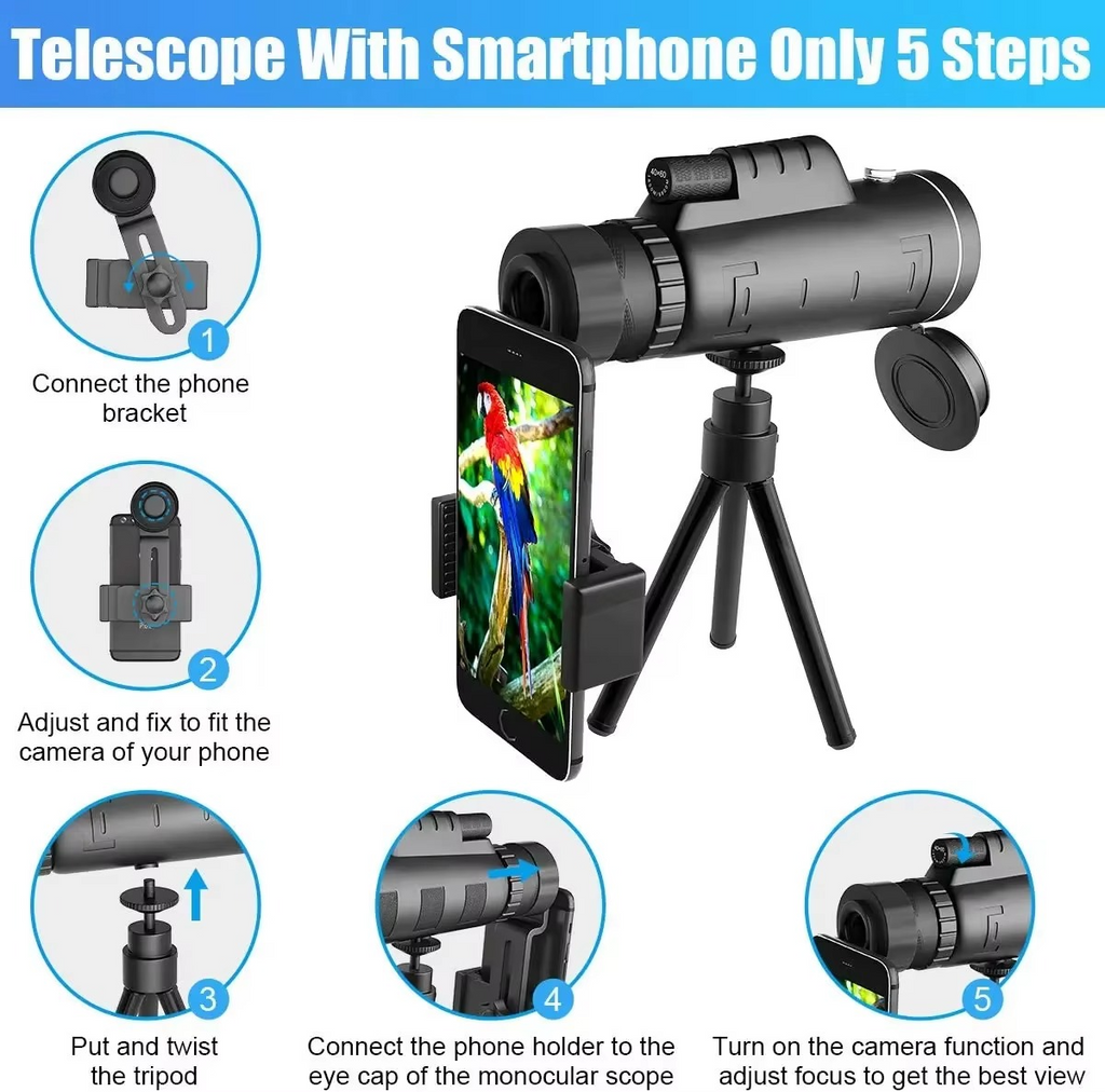 40x60 HD Monocular Telescope with Smartphone Holder and Tripod for Outdoor and Camping