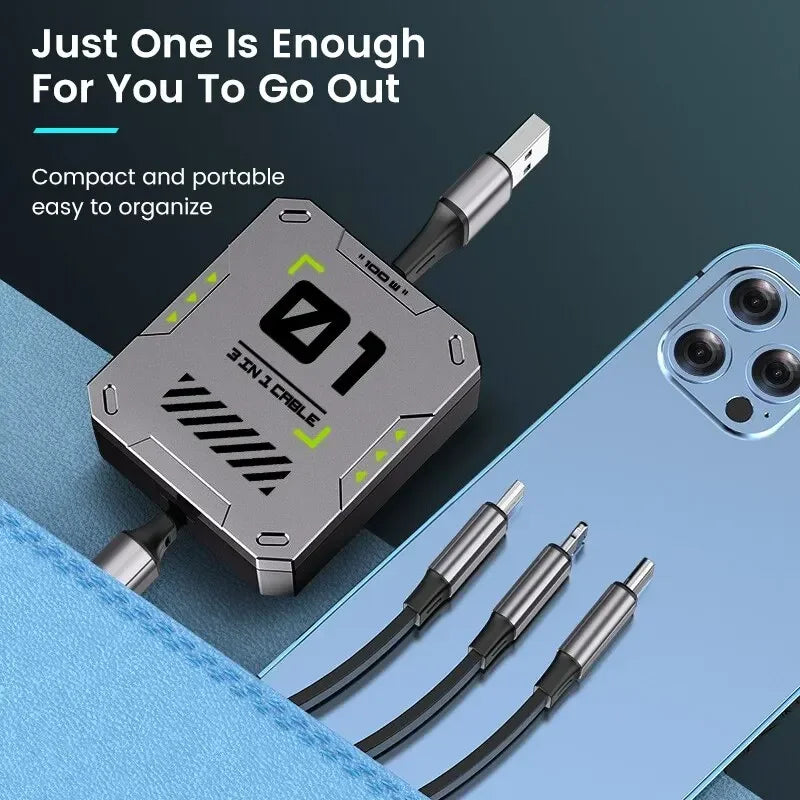 TriConnect charging cable | 3-in-1 & retractable | 100W fast charging | for iPhone & Android