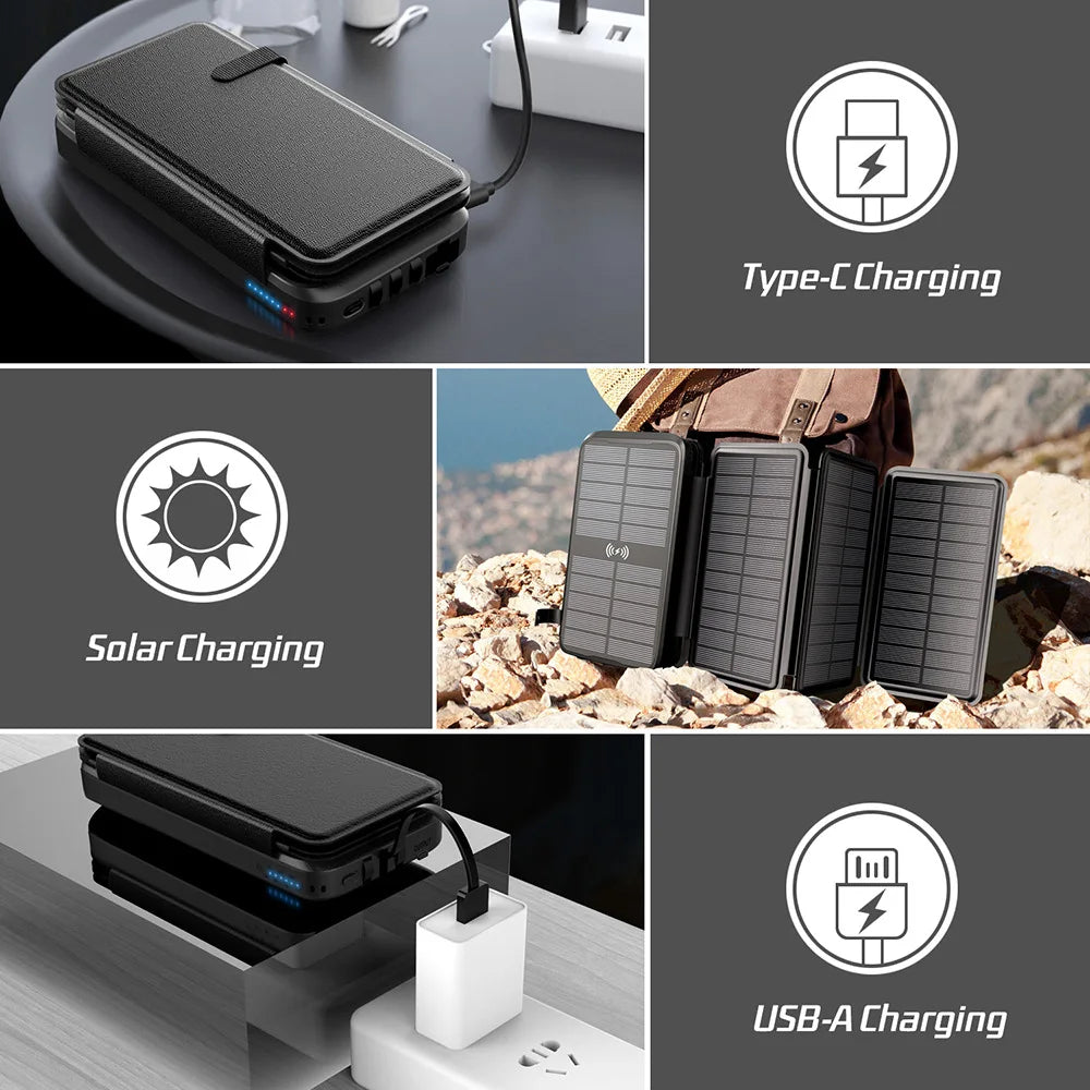 Solar Powerbank VoltCore X Pro 43800mAh | 20W Fast Charging | 10W Wireless Charging | Integrated Cables & LED Lamp | Outdoor & Travel