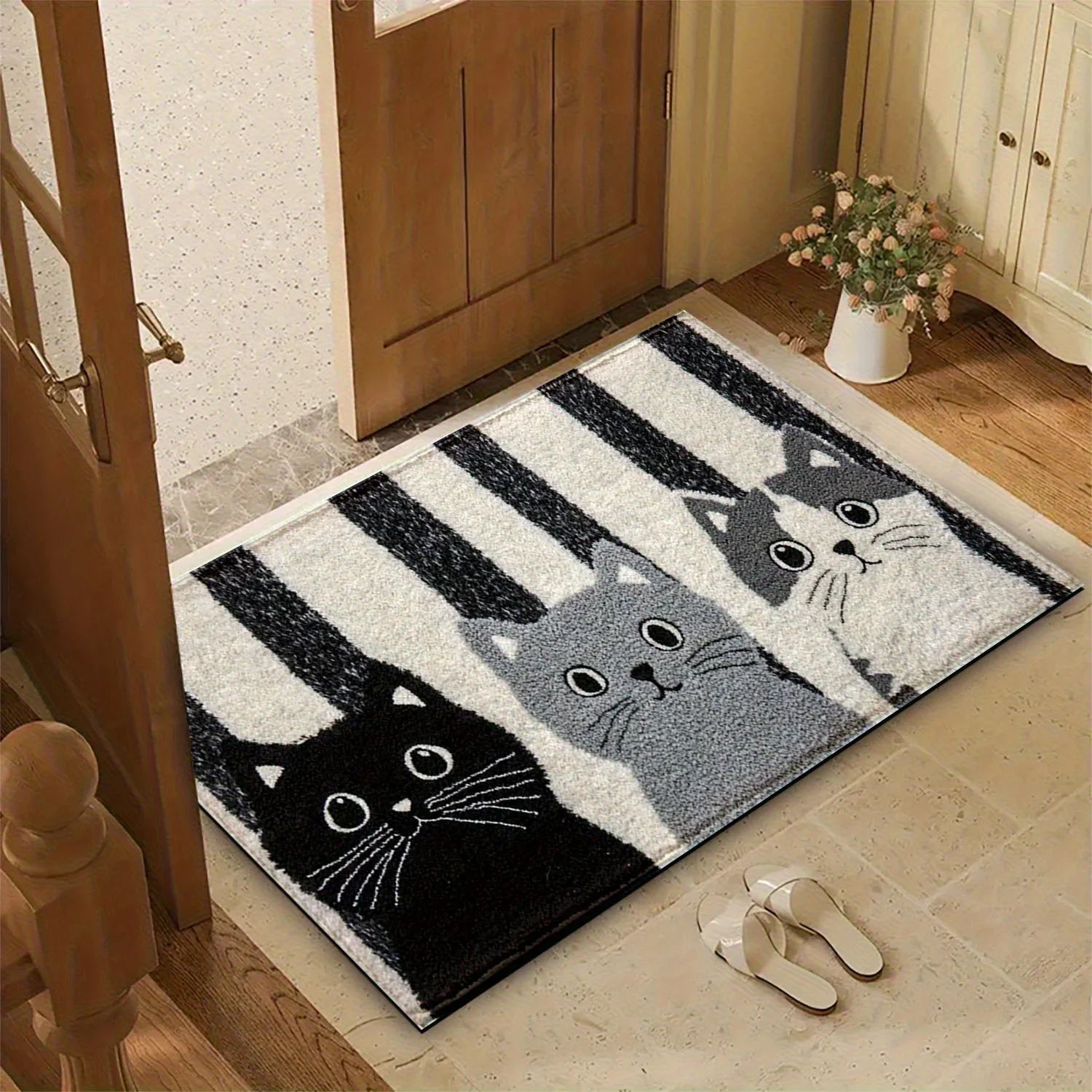 Cat Rug Miyono | Soft & Waterproof | Non-slip Mat with Stripes & Cartoon Cat Design | For Bedroom, Hallway & Living Room