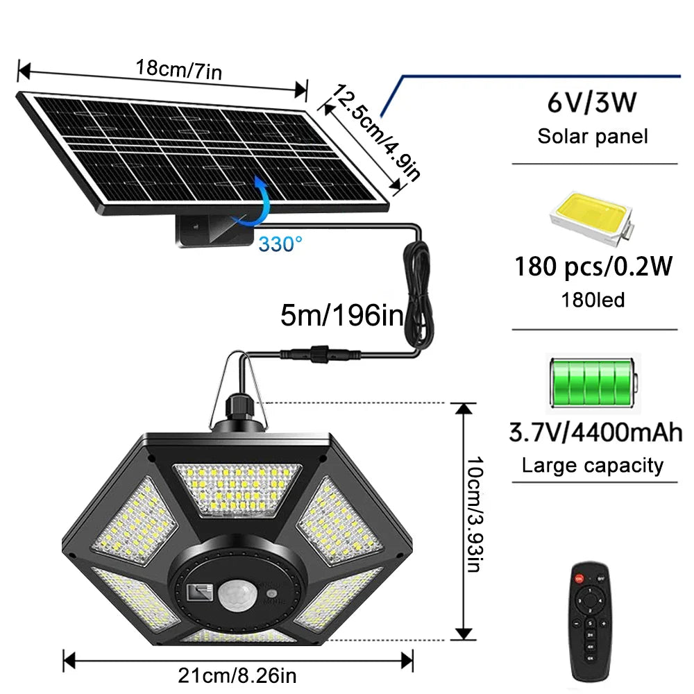 SolarHalo | 228 LED Solar Ceiling Lamp | 360° Light Angle | With Remote Control & Motion Sensor | 4400mAh Battery