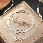 Feminine Bow Herringbone Chain Necklace, Bracelet, and Earring Set