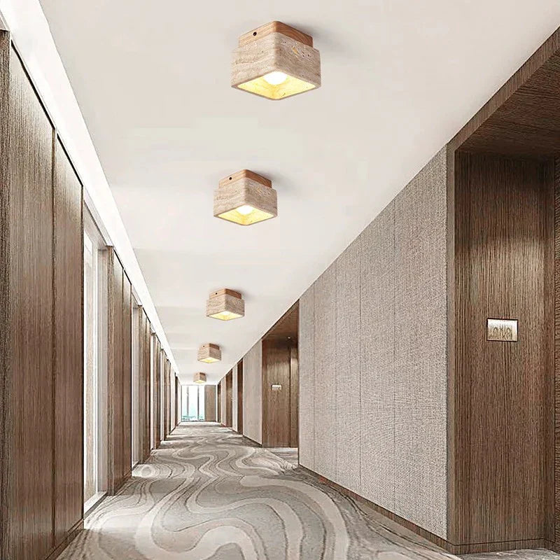 Square Travertine & Wood LED Ceiling Lamp