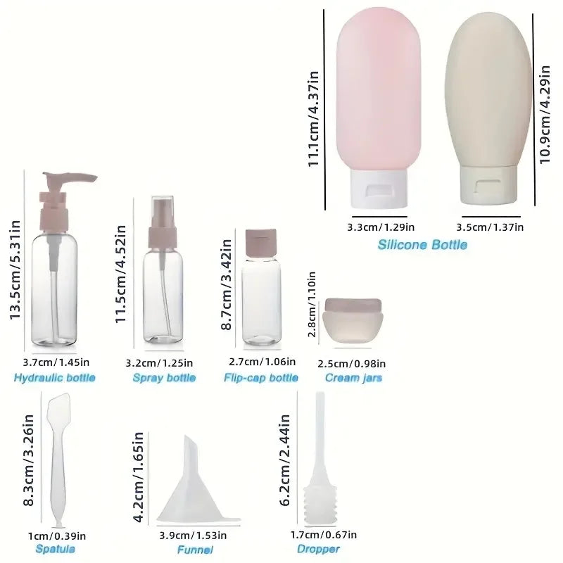 TravelEase 11-piece Travel Bottle Set | Refillable Containers for Cosmetics & Care | Cabin Luggage Approved & Leak-proof