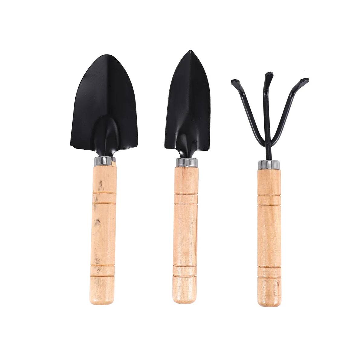 Planturio Mini Garden Tool Set 3-piece | Spade, Shovel & Rake | Wooden Handle & Metal Head | For Bonsai & Houseplants