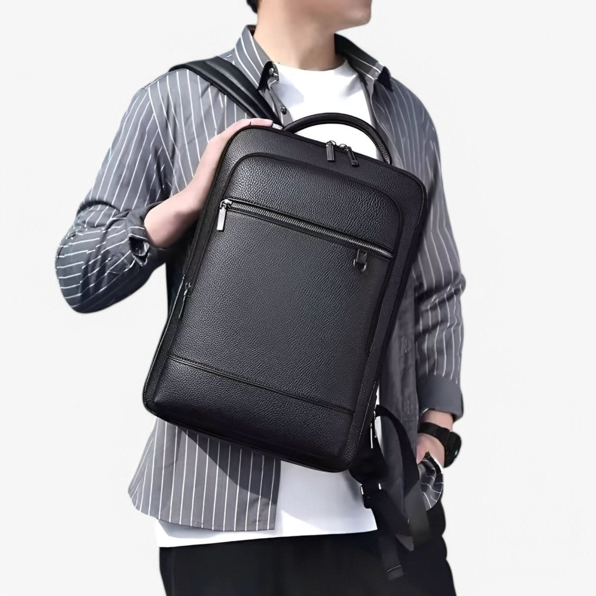 Elegant leather rucksack for men/women with USB port for laptop and everyday use, 15.6 inch, black