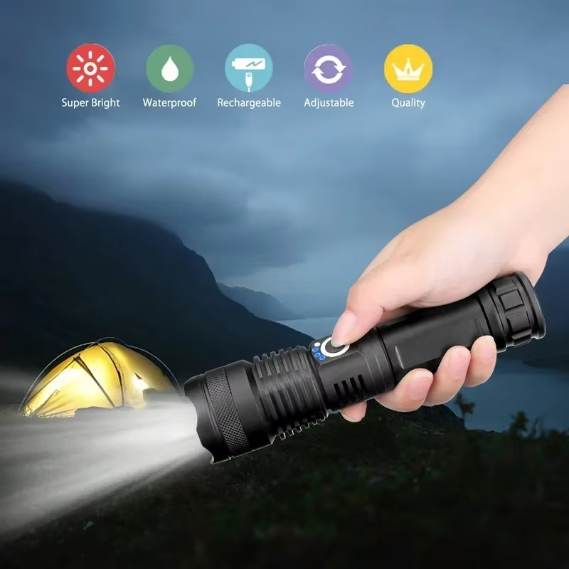 High-Power LED Tactical Flashlight, USB Rechargeable, Zoomable Beam, 5 Light Modes, Waterproof, Fits 26650 Battery