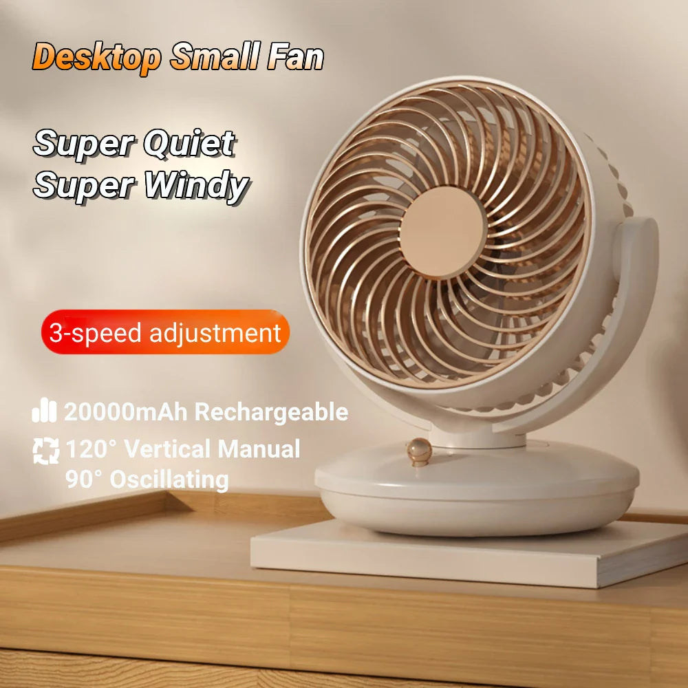 BreezeLoop Table Fan with 360° Rotation | USB Fan with 3 Speeds & Battery | Quiet & Compact | For Office, Bedroom & Home