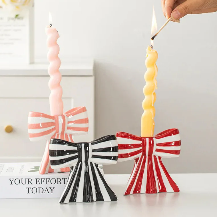 Classic Striped Bow Ceramic Candle Holder