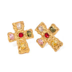 18k Textured Oval Diamond Cross Earrings