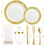 350pcs Disposable Gold Lace Dinnerware Set for 50 Guests