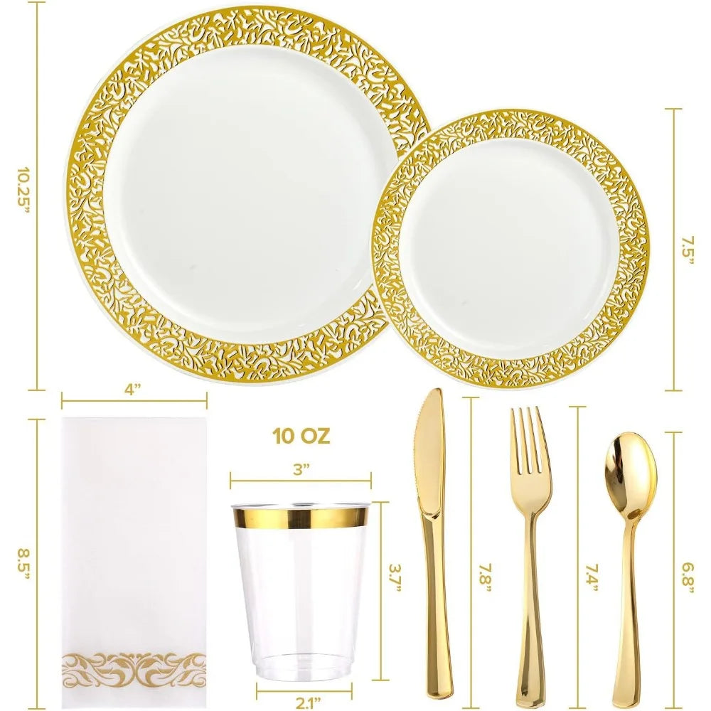 350pcs Disposable Gold Lace Dinnerware Set for 50 Guests