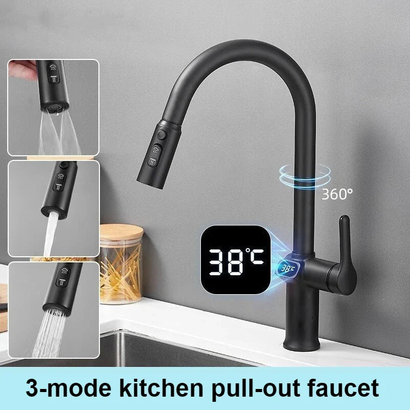 Pull-out Kitchen Faucet with Digital Display and Swivel Spout