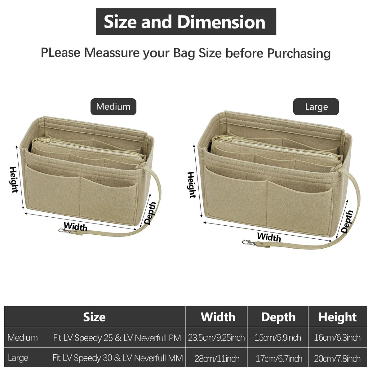 TaschenLuxe Organizer Inlay | Felt insert with zipper | 15 compartments & key strap | For handbags & shoppers