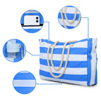 Marivalis Striped Beach Bag with Zipper | Foldable & Waterproof | Sand Resistant Canvas | For Travel & Vacation