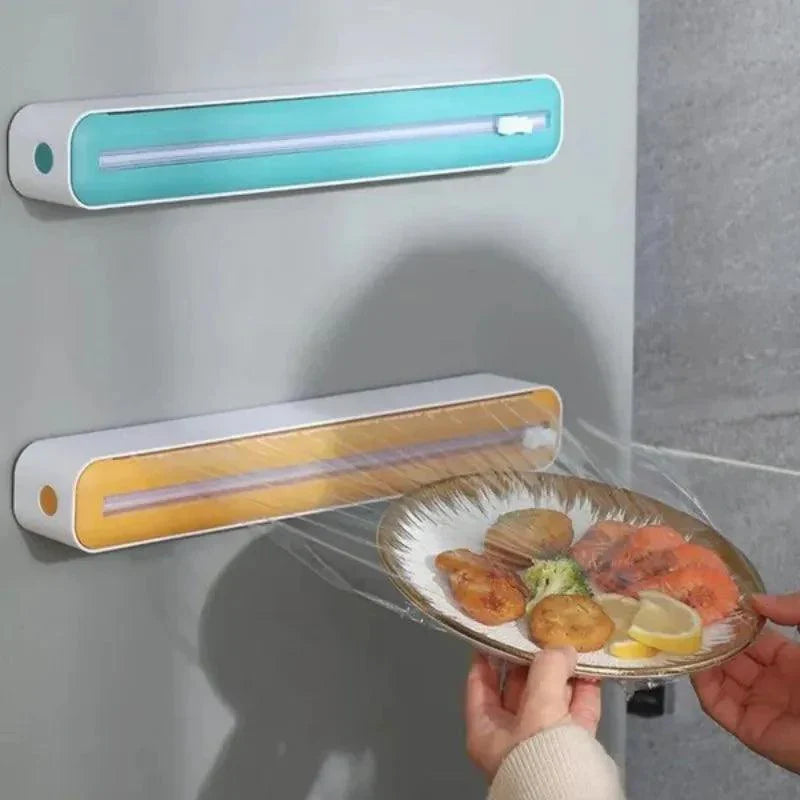 Film dispenser with knife for easy cutting of food and aluminum foil