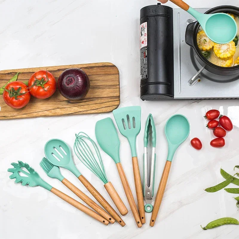 ChefEase – 12-piece silicone kitchen utensil set with wooden handles