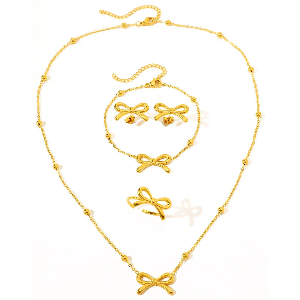 Feminine Bow Satellite Chain Necklace, Bracelet, Earrings, and Ring Set