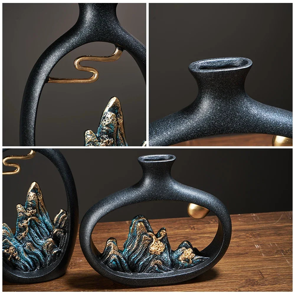 Detailed mountain patterns in an elegant vase