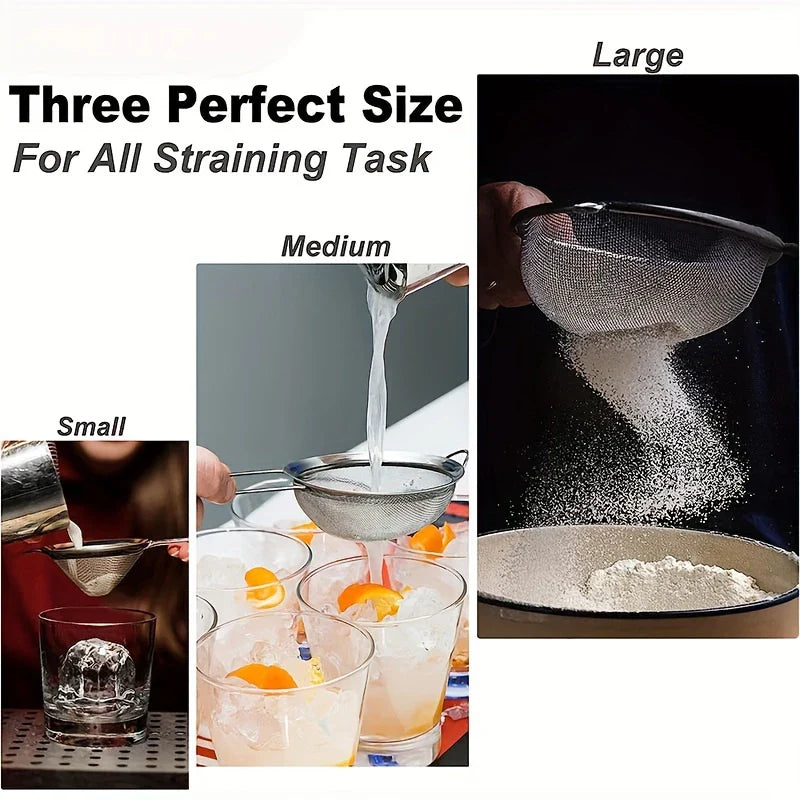 Stainless Steel Kitchen Sieve Set ProSift MeshLine | 3-piece | Fine sieve for flour, juice, soy milk & pasta | 8/10/14 cm diameter