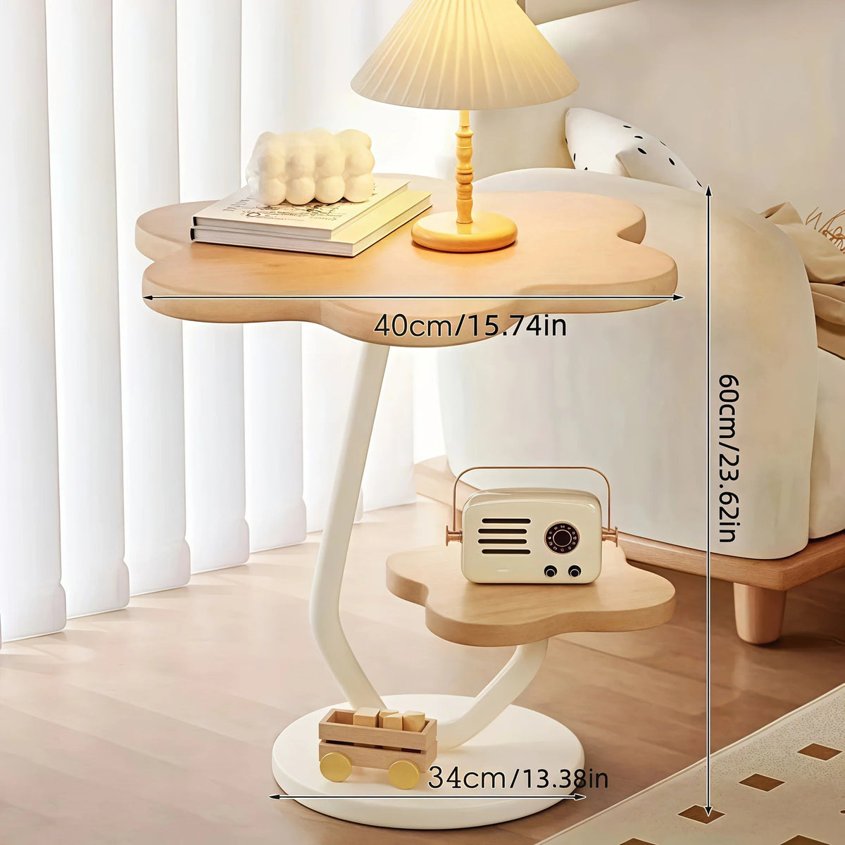 Cream-colored Flower-shaped Side Table with Double Storage Layers and Metal Frame