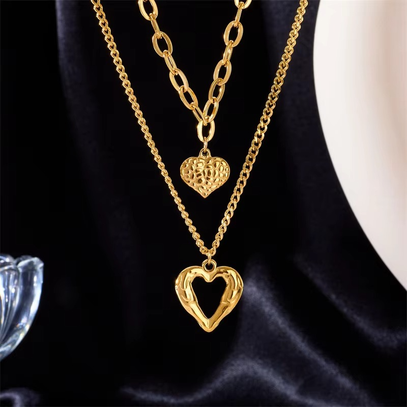 Chic Double-Layer Heart & Cuban Link Chain Choker Necklace