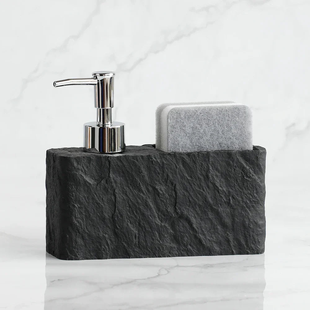 Efficient soap dispenser with a space-saving sponge holder