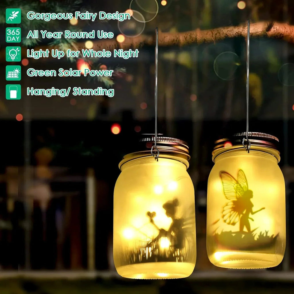 Glass Fairy Lamp - Solar Mason Jar Lantern, IP65 Waterproof Outdoor Hanging Light