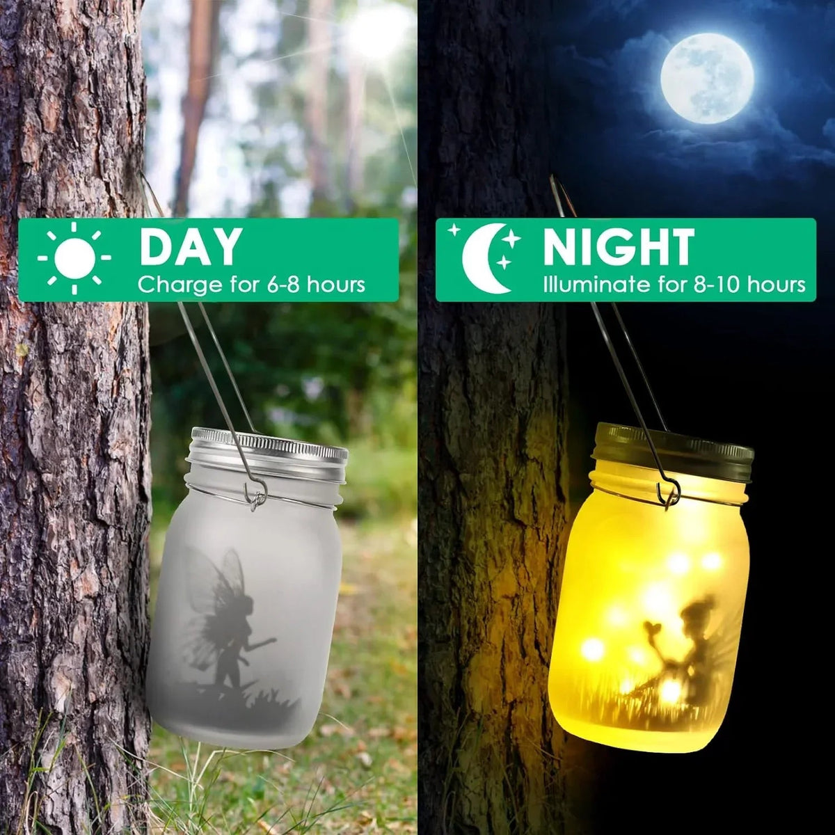 Glass Fairy Lamp - Solar Mason Jar Lantern, IP65 Waterproof Outdoor Hanging Light