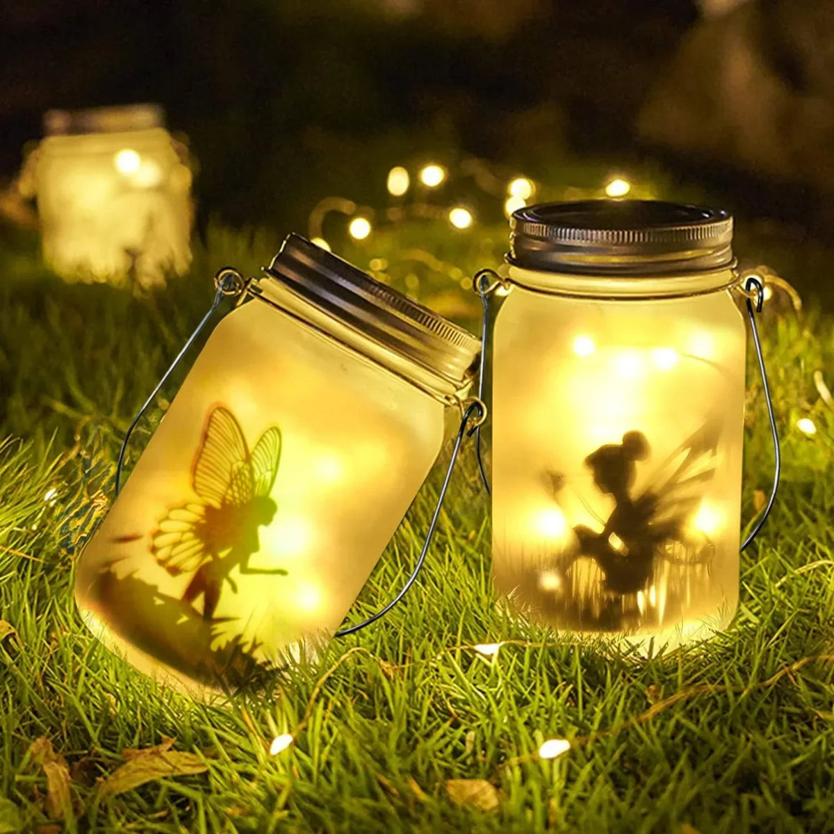 Glass Fairy Lamp - Solar Mason Jar Lantern, IP65 Waterproof Outdoor Hanging Light
