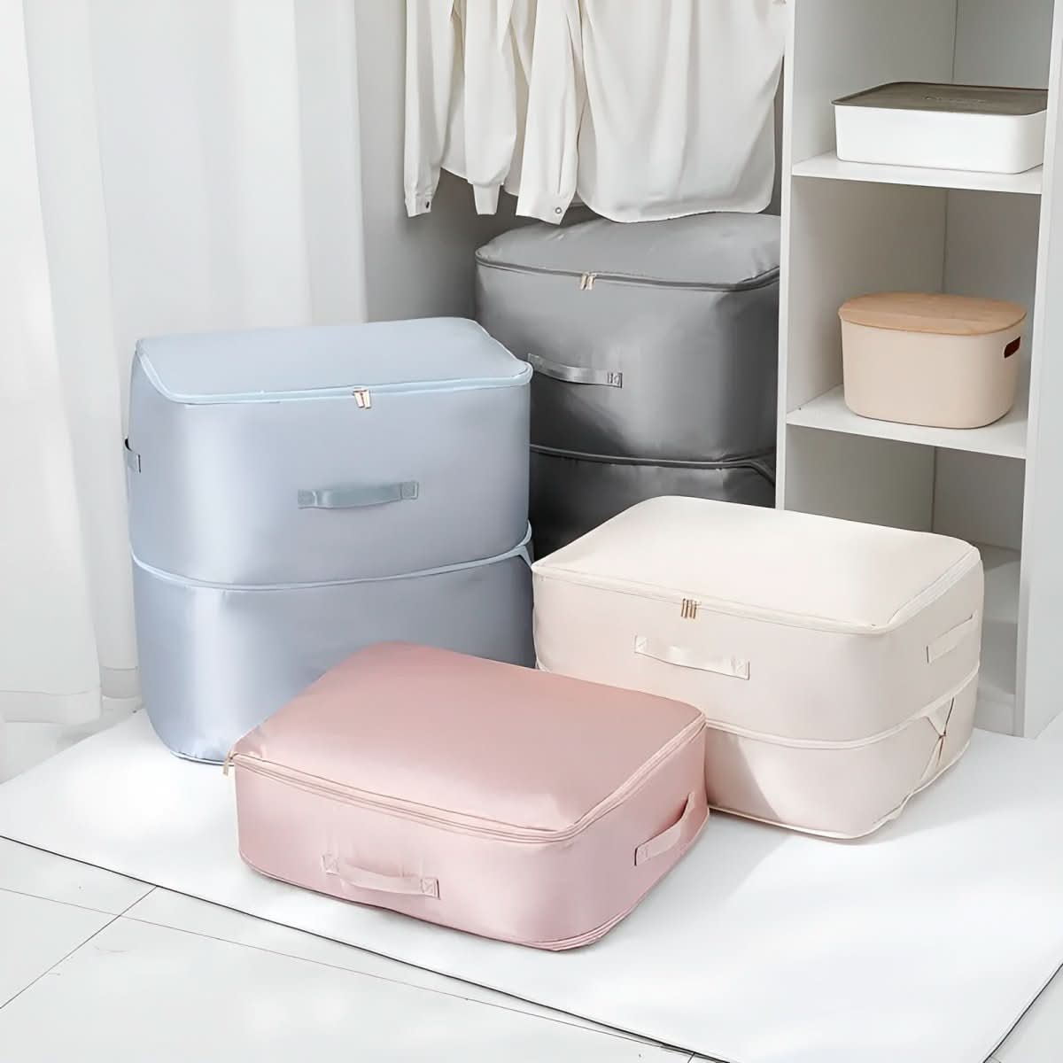 Compression storage bags for clothing & bedding with up to 50% volume reduction