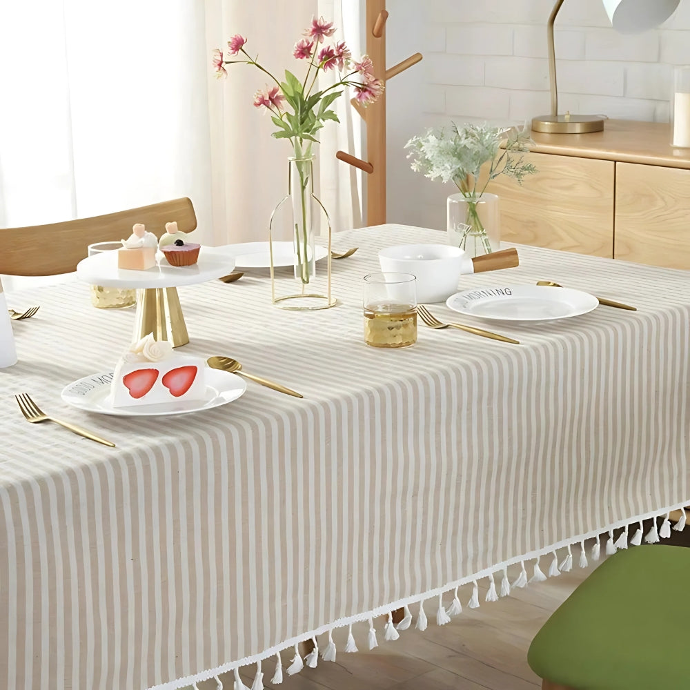 Striped Tassel Tablecloth, Microfiber Blend with Multiple Sizes