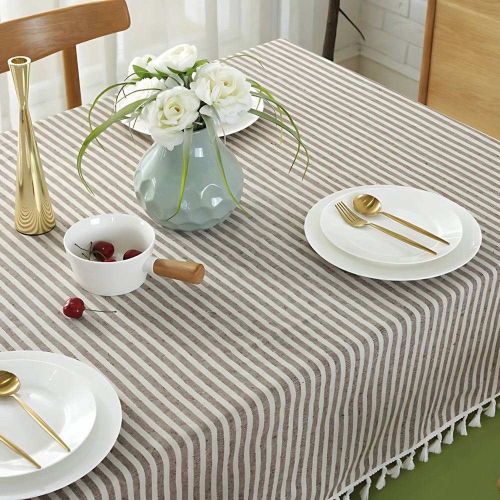 Striped Tassel Tablecloth, Microfiber Blend with Multiple Sizes