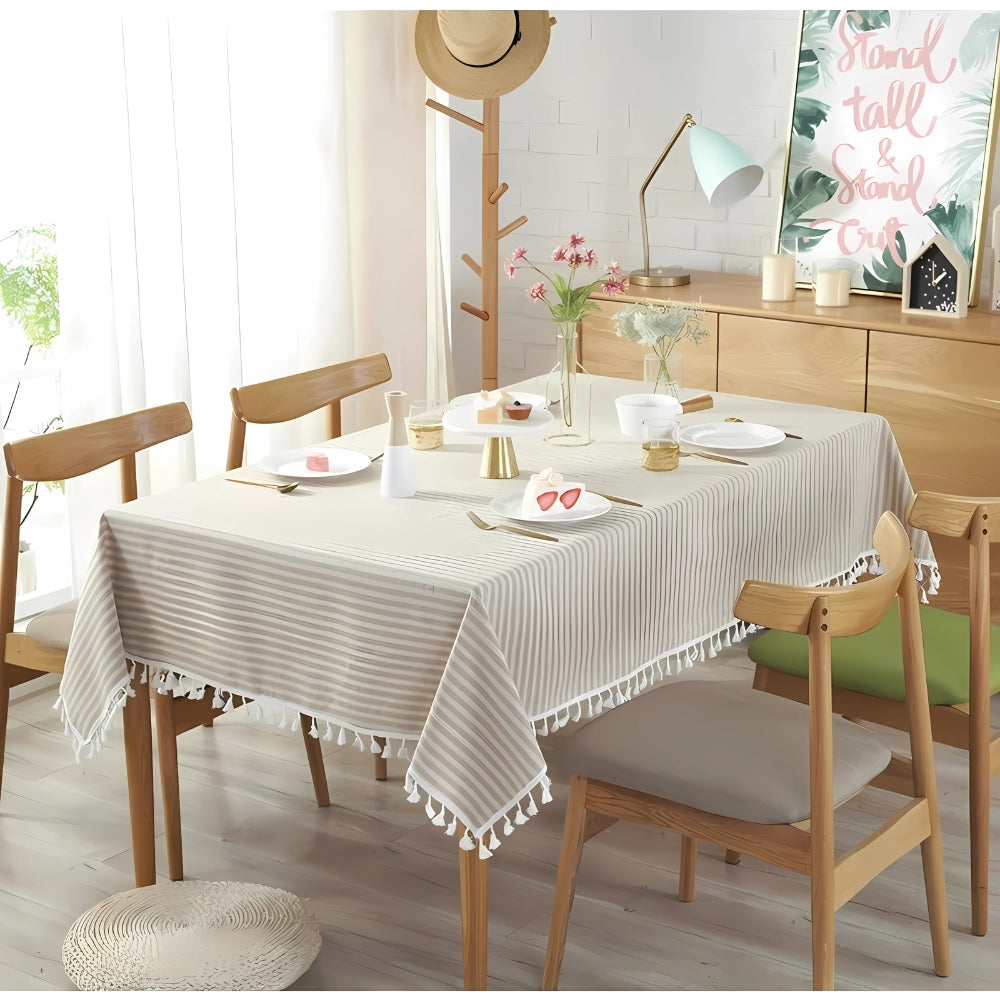 Striped Tassel Tablecloth, Microfiber Blend with Multiple Sizes