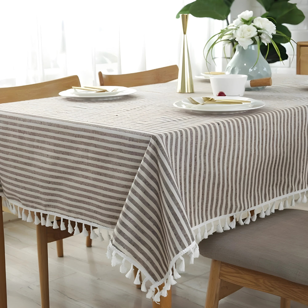 Striped Tassel Tablecloth, Microfiber Blend with Multiple Sizes
