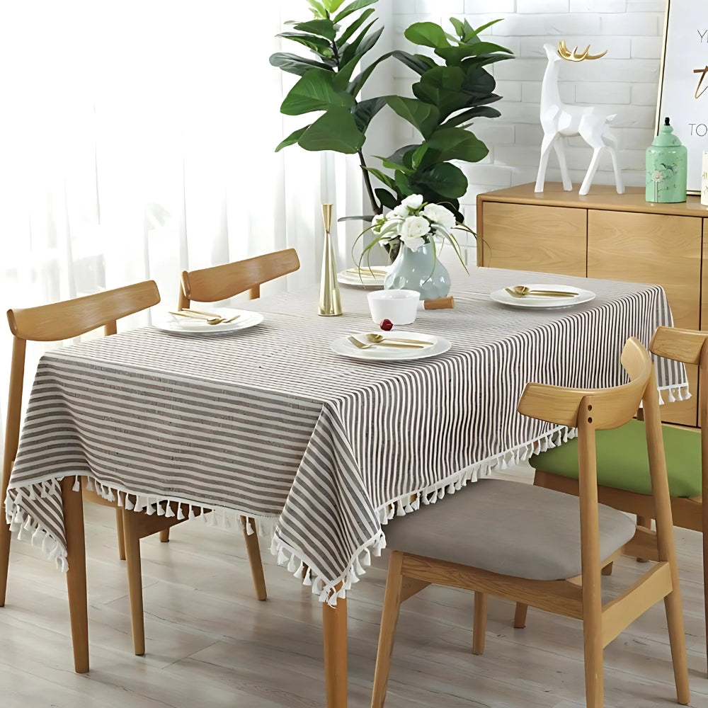 Striped Tassel Tablecloth, Microfiber Blend with Multiple Sizes