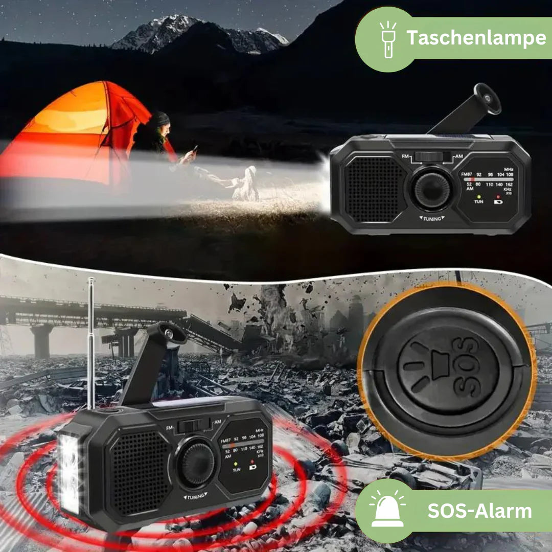 Portable emergency radio with solar panel and hand crank – FM/AM reception and power bank function