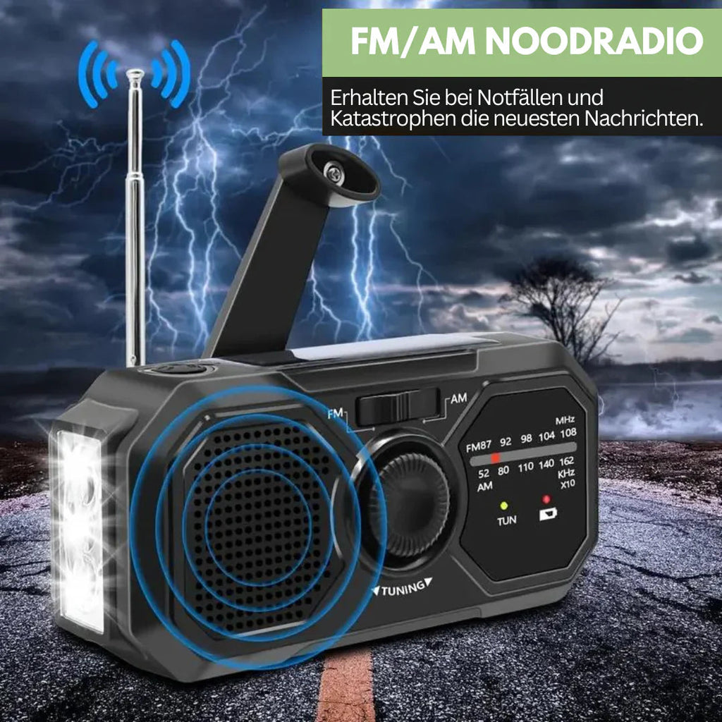 Portable emergency radio with solar panel and hand crank – FM/AM reception and power bank function