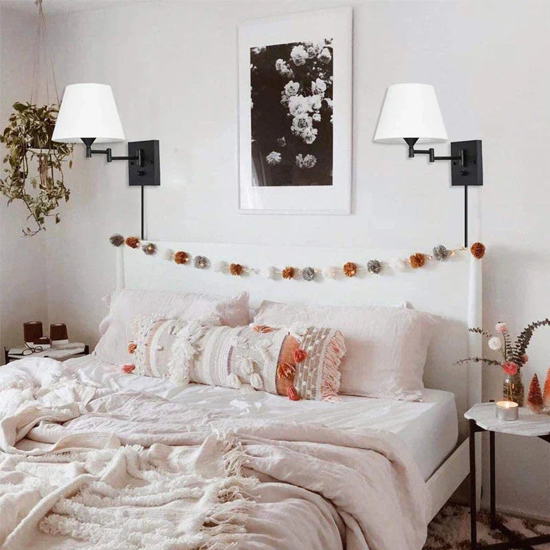 Swiveling wall lamp with fabric shade - Adjustable LED wall lamp for bedroom & living room