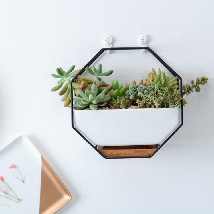 Simple octagonal geometric wall-mounted table succulent plate bamboo support iron frame flower pot (Gold)