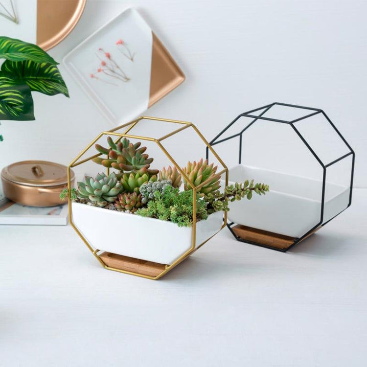 Simple octagonal geometric wall-mounted table succulent plate bamboo support iron frame flower pot (Gold)